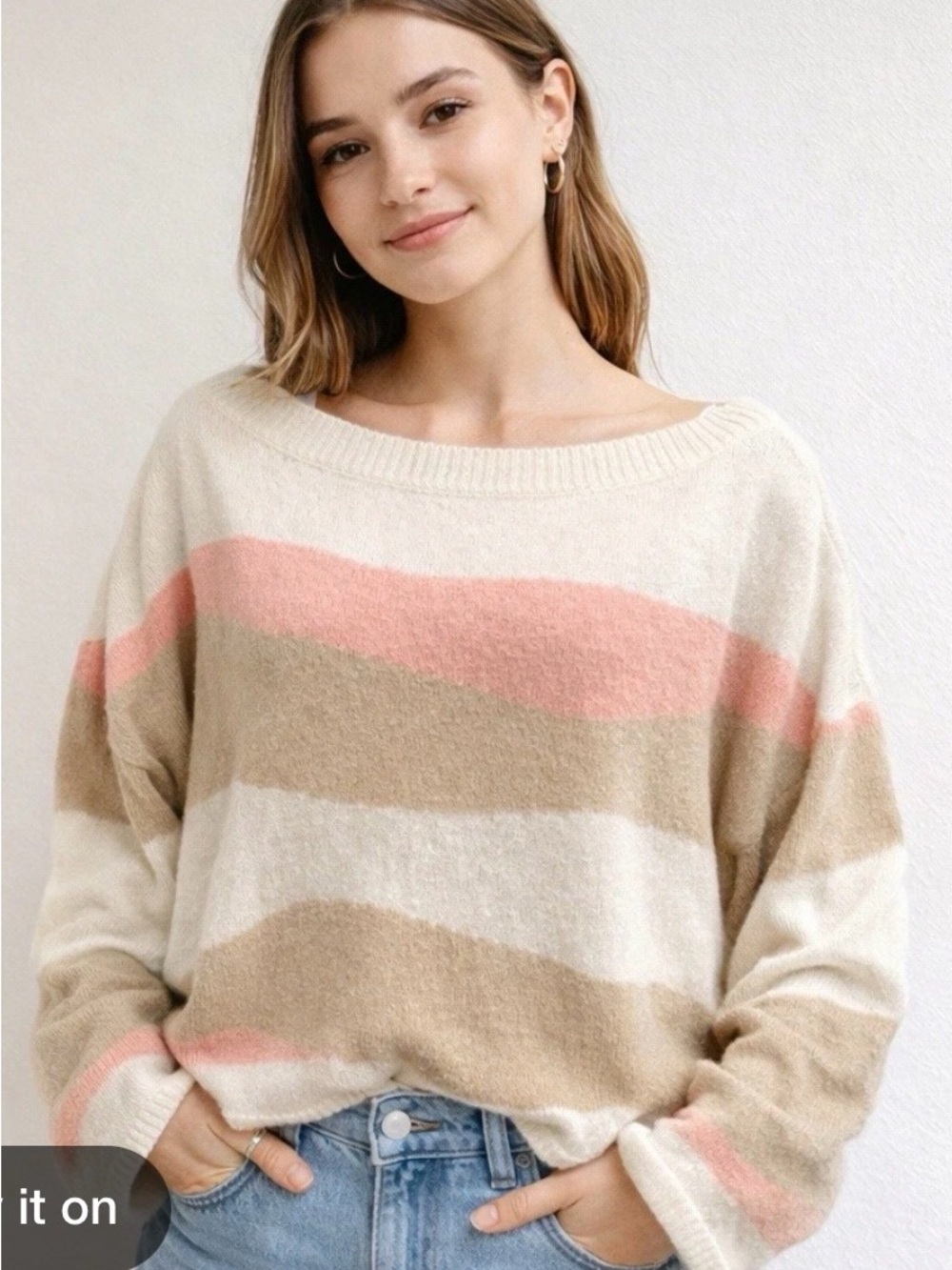 Torrid Soft Striped Boatneck Sweater in Cream, Pink & Tan 1X